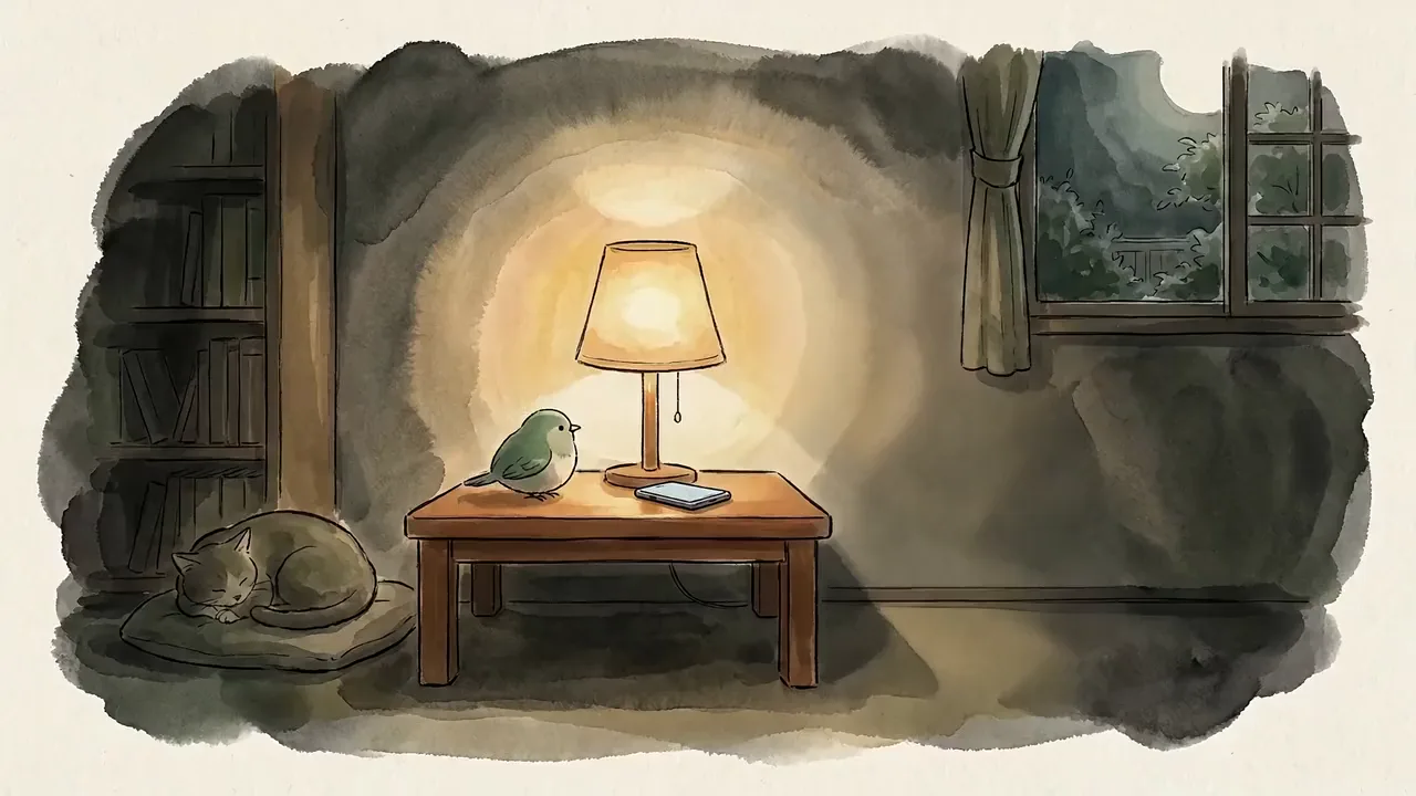 夜、ひとつの灯りの下、ちゃぶ台の上のスマートフォンに向かってさえずる緑の小鳥と、そばで眠る猫の挿画