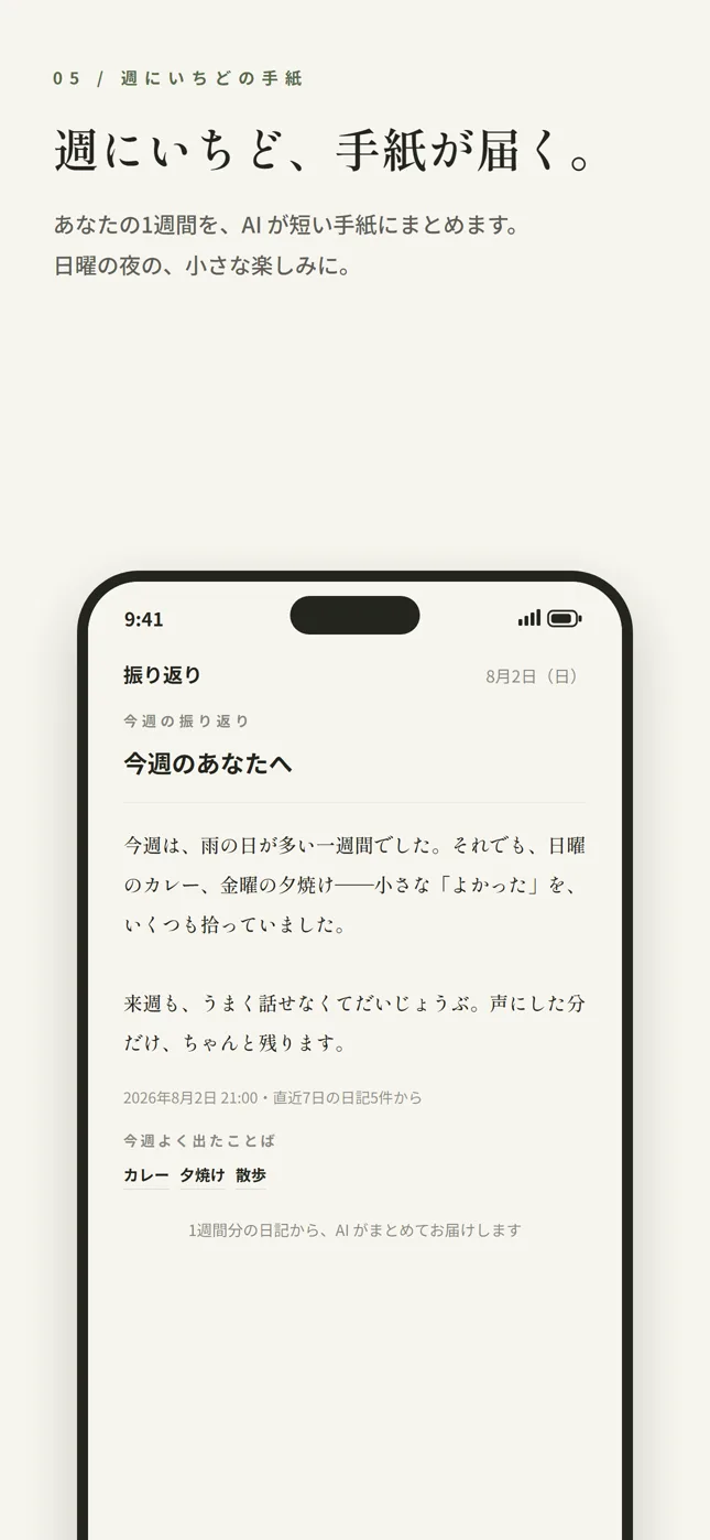 週にいちど届く、AI からの振り返りの手紙の画面